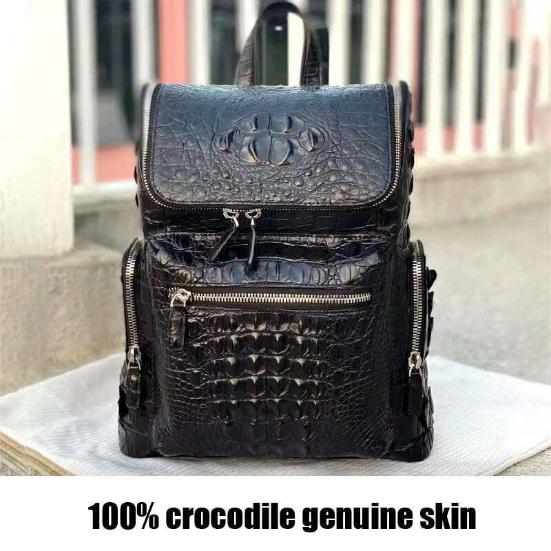 New Brand Crocodile Genuine Leather Men Backpacks Fashion Real Natural Leather Student Backpack Boy Luxury Computer Laptop Bag - KIMLUD