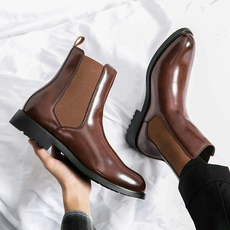 KIMLUD, New Bronw Chelsea Boots for Men Business Slip-On Square Toe Handmade Men's Fashion Short Boots Zapatos Para Moto Hombre, brown / 38, KIMLUD APPAREL - Womens Clothes