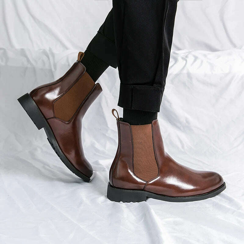 KIMLUD, New Bronw Chelsea Boots for Men Business Slip-On Square Toe Handmade Men's Fashion Short Boots Zapatos Para Moto Hombre, KIMLUD Womens Clothes