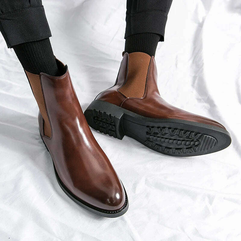 KIMLUD, New Bronw Chelsea Boots for Men Business Slip-On Square Toe Handmade Men's Fashion Short Boots Zapatos Para Moto Hombre, KIMLUD Womens Clothes