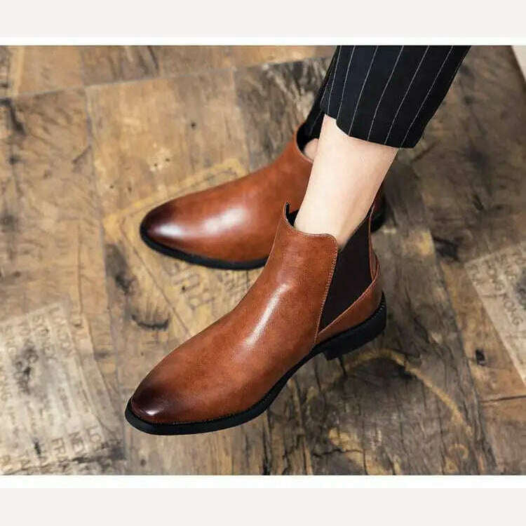 KIMLUD, New Brown Chelsea Boots for Men Black Business Handmade Men's Short Boots Round Toe Slip-On Ankle Boots Free Shipping, KIMLUD Womens Clothes