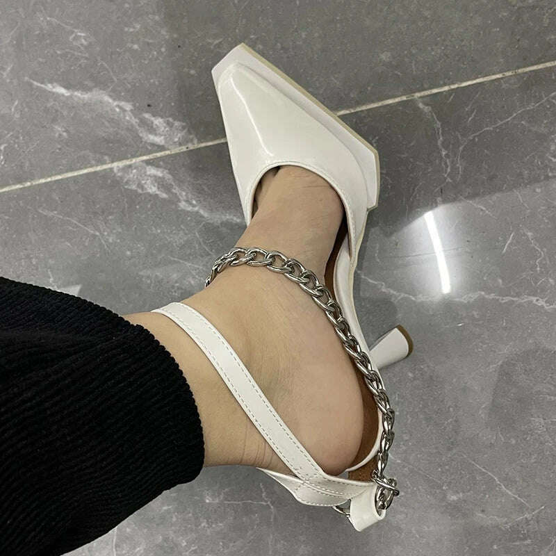 KIMLUD, New Buckle Pointed Toe Sandals Women Metal Chain Sandalias Female Stiletto High Heels Dress Shoes Women Party zapatos de mujer, Ivory / 35, KIMLUD APPAREL - Womens Clothes