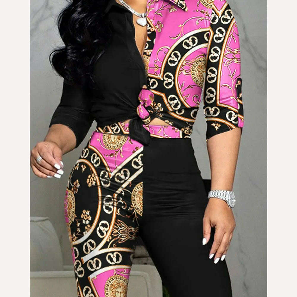 New Casual Suit Colorblock Print Long Sleeve Lapel Shirt Casual Pants Two Piece Set - KIMLUD