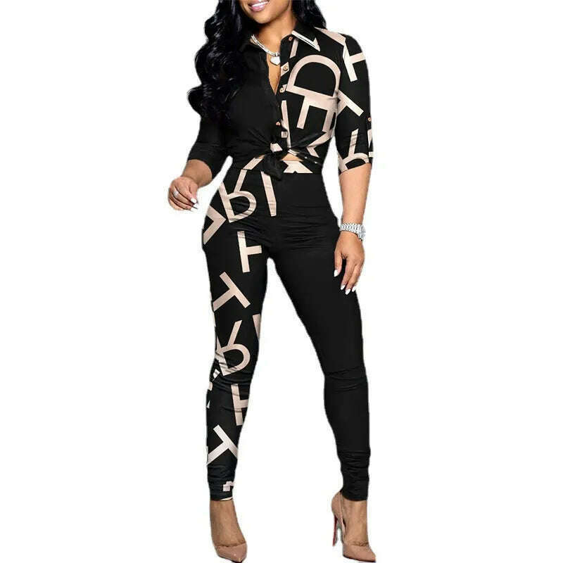 New Casual Suit Colorblock Print Long Sleeve Lapel Shirt Casual Pants Two Piece Set - KIMLUD