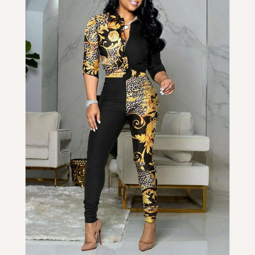 New Casual Suit Colorblock Print Long Sleeve Lapel Shirt Casual Pants Two Piece Set - KIMLUD