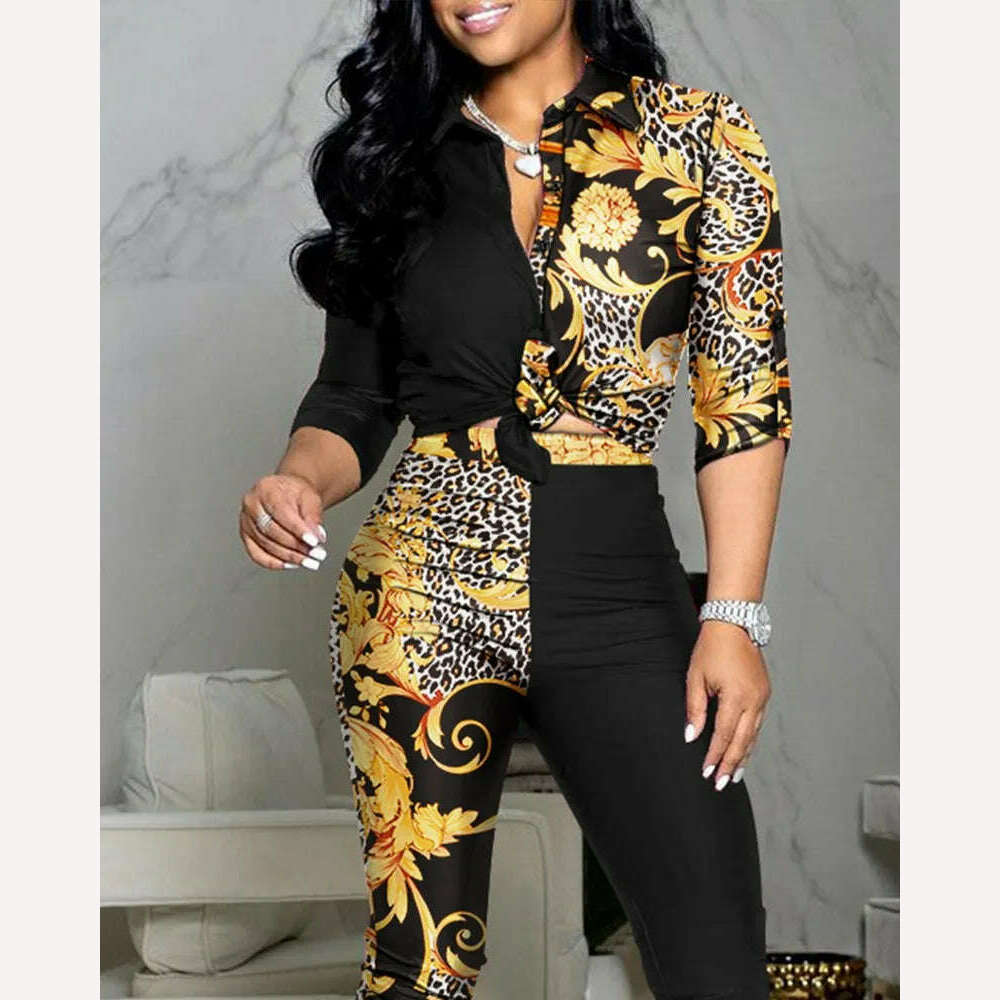 New Casual Suit Colorblock Print Long Sleeve Lapel Shirt Casual Pants Two Piece Set - KIMLUD