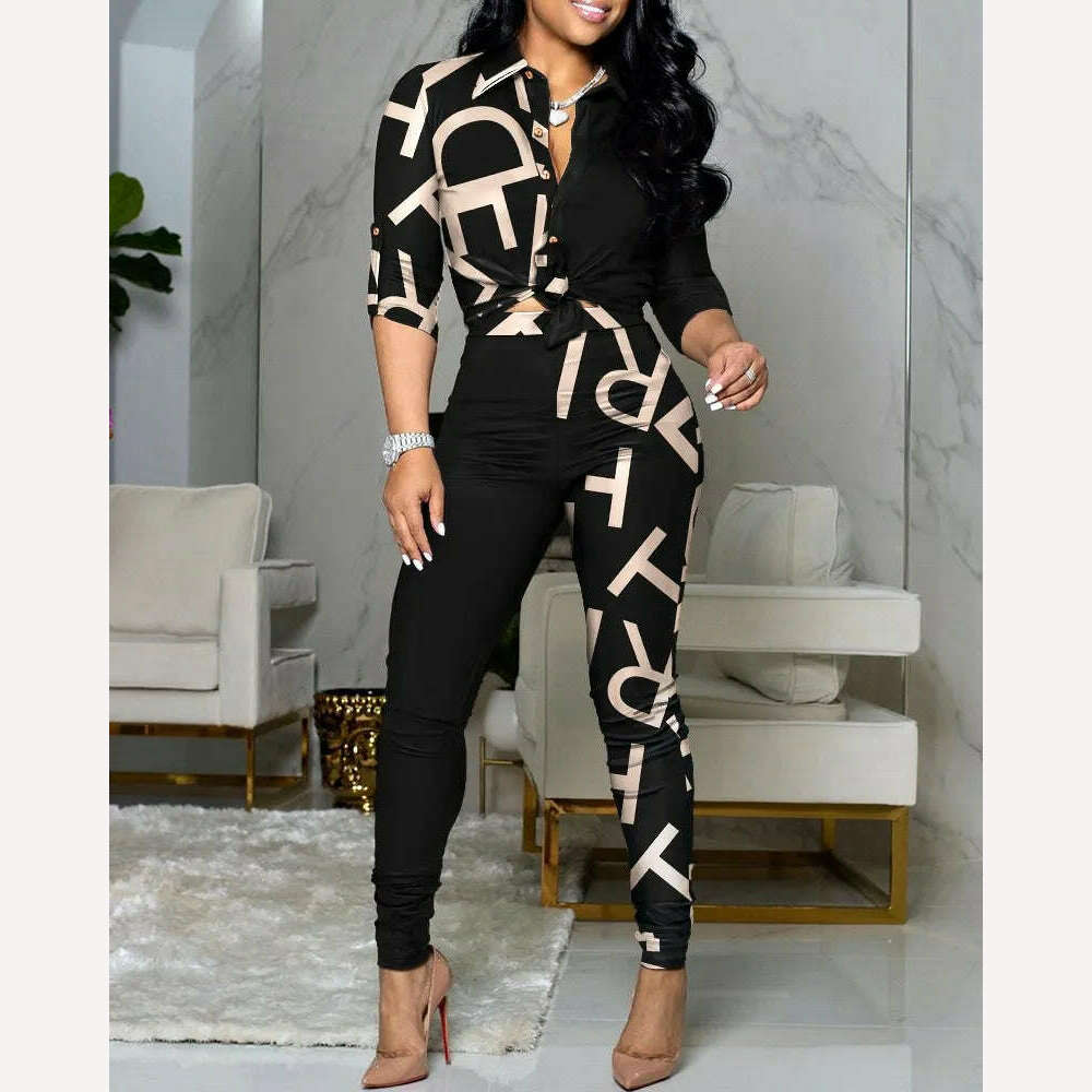 New Casual Suit Colorblock Print Long Sleeve Lapel Shirt Casual Pants Two Piece Set - KIMLUD