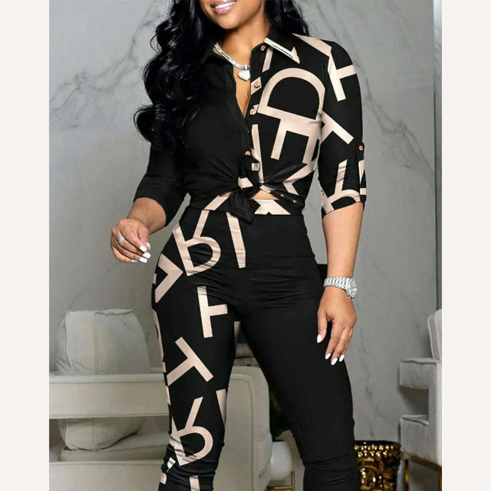 New Casual Suit Colorblock Print Long Sleeve Lapel Shirt Casual Pants Two Piece Set - KIMLUD
