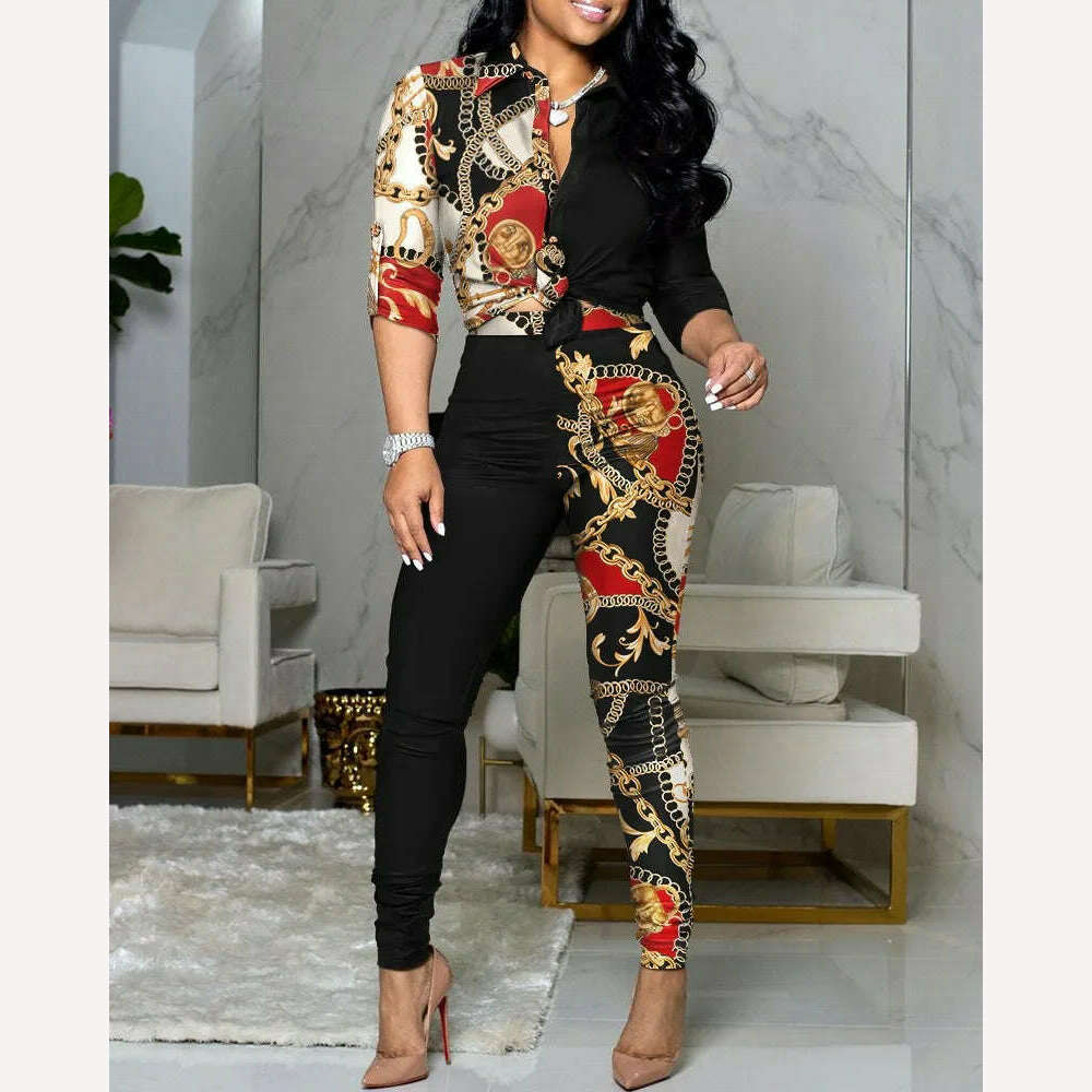 New Casual Suit Colorblock Print Long Sleeve Lapel Shirt Casual Pants Two Piece Set - KIMLUD
