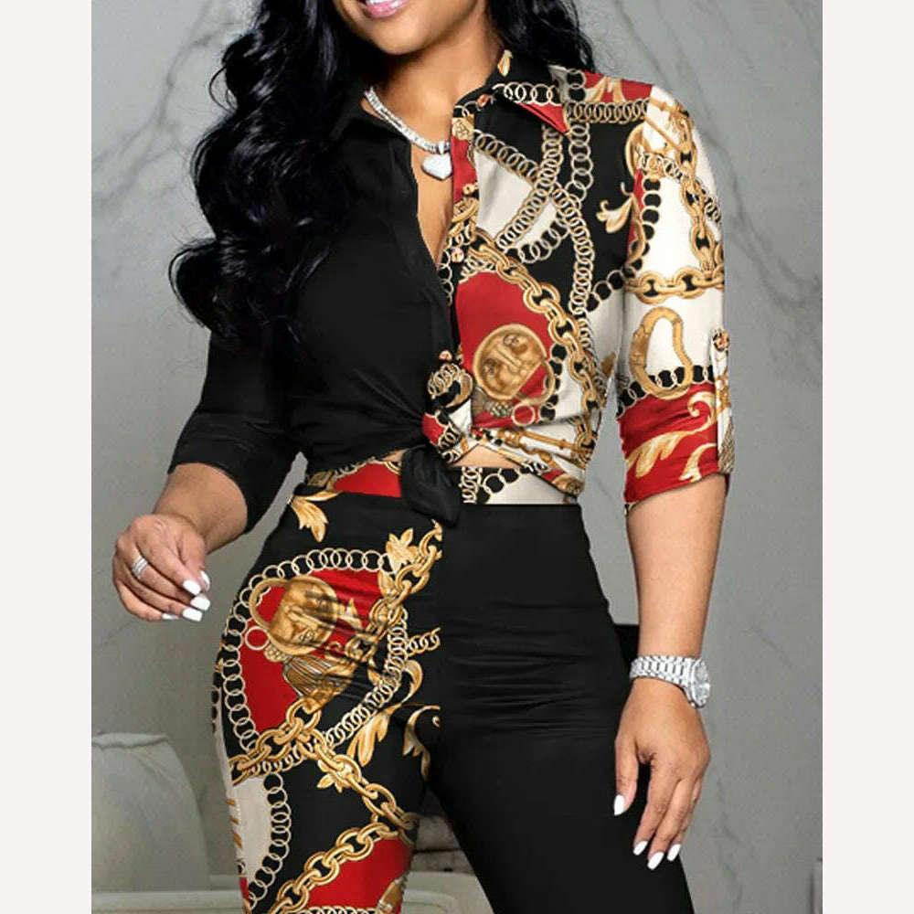 New Casual Suit Colorblock Print Long Sleeve Lapel Shirt Casual Pants Two Piece Set - KIMLUD