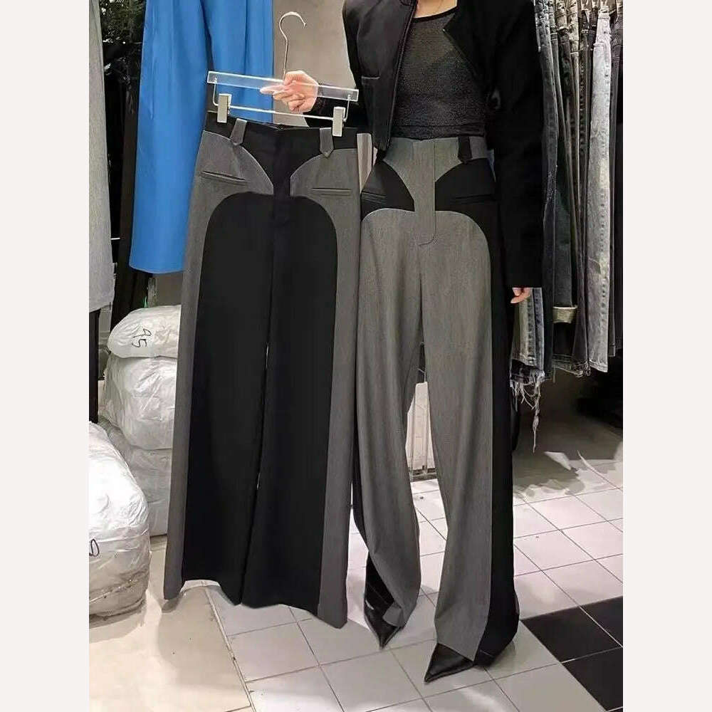 New Chestnut 2023Spring NewDesign Sense Color Contrast Patchwork Suit Pants Women's High Waist Slimming Loose Wide Leg Mop Pants - KIMLUD