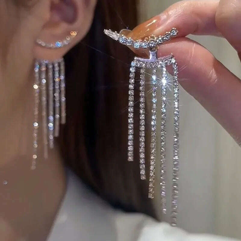 New Classic Shiny Crystal Earrings Ladies Exaggerated Long Earrings Tassels Rhinestone Earrings Fashion Korean Earrings Jewelry - KIMLUD