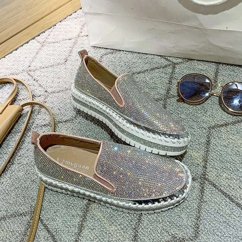 KIMLUD, New Crystal Shoes for Women Flat Soles Raised Rhinestone Casual Shoes Spring Thick Soles Platform Sequin Sandals Female Sneakers, Pink / 35, KIMLUD APPAREL - Womens Clothes