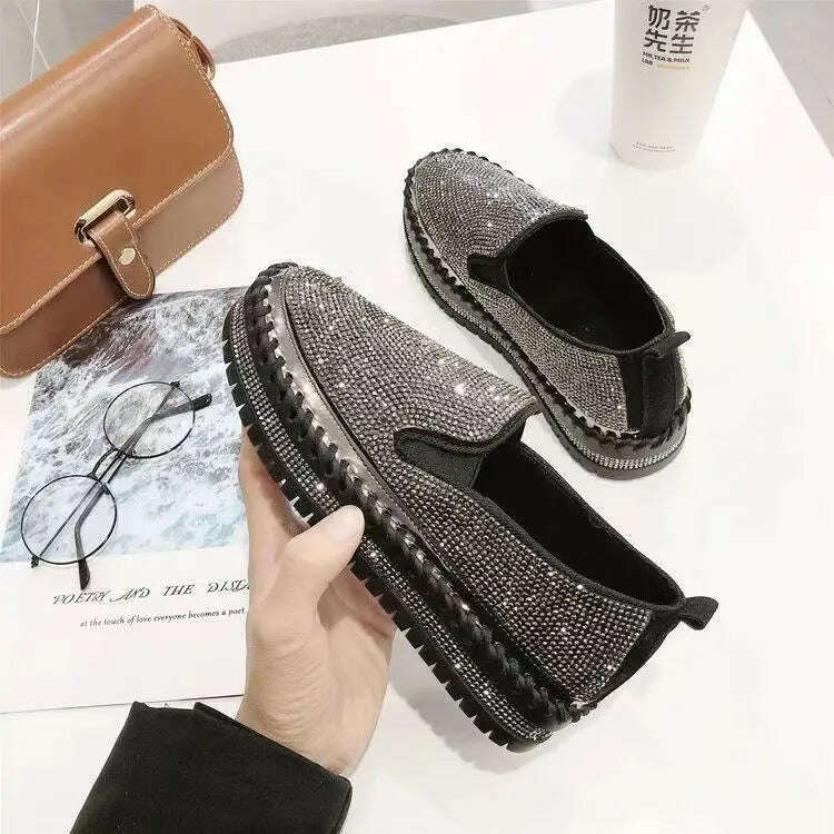 KIMLUD, New Crystal Shoes for Women Flat Soles Raised Rhinestone Casual Shoes Spring Thick Soles Platform Sequin Sandals Female Sneakers, Black / 35, KIMLUD APPAREL - Womens Clothes