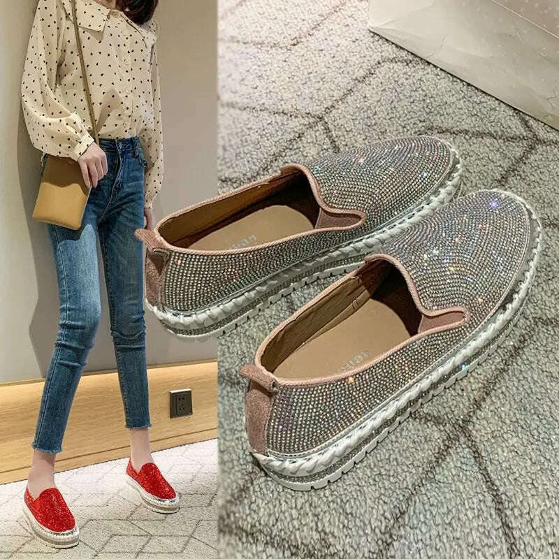 KIMLUD, New Crystal Shoes for Women Flat Soles Raised Rhinestone Casual Shoes Spring Thick Soles Platform Sequin Sandals Female Sneakers, KIMLUD Womens Clothes