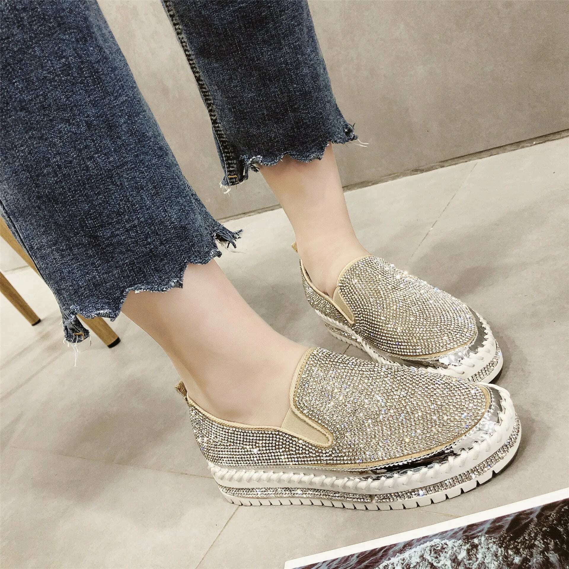 KIMLUD, New Crystal Shoes for Women Flat Soles Raised Rhinestone Casual Shoes Spring Thick Soles Platform Sequin Sandals Female Sneakers, KIMLUD Womens Clothes