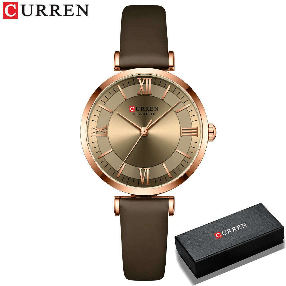 KIMLUD, NEW CURREN Watches Women's Quartz Leather Wrsitwatches Fashionable Classic Clock Montre femme, coffee box, KIMLUD Womens Clothes