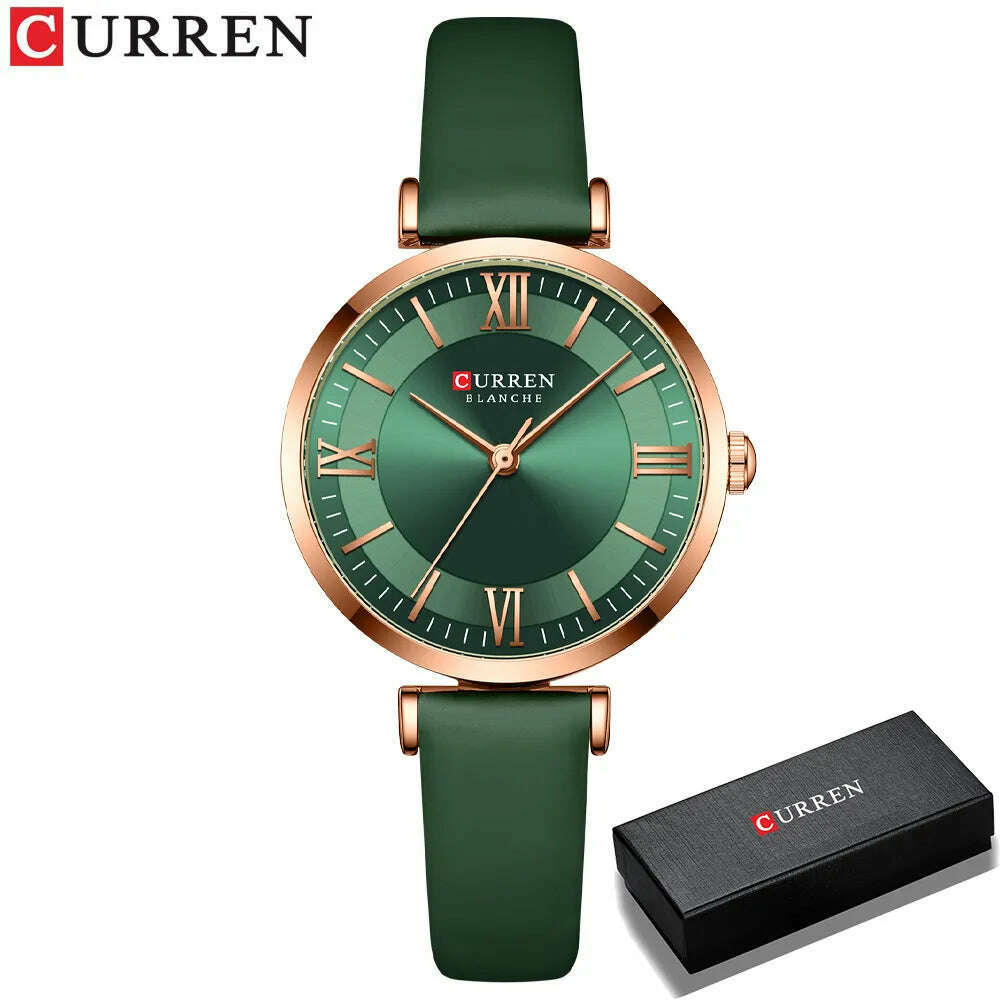 KIMLUD, NEW CURREN Watches Women's Quartz Leather Wrsitwatches Fashionable Classic Clock Montre femme, green box, KIMLUD Womens Clothes