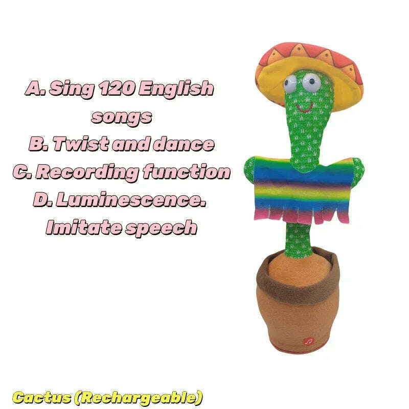 KIMLUD, New Dancing Cactus Toys Repeat Talking Songs Wriggle Dancing Sing Toy Talk Plushie Stuffed Toys for Baby Adult Christmas Gifts, Mexico(USB), KIMLUD APPAREL - Womens Clothes
