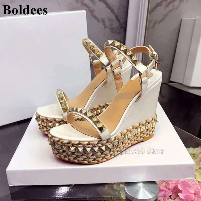 KIMLUD, New Designer Thick Platform Women High Heel Wedges Gladiator Sandals Women Wedge Heeled Rivet One Belt Sandalias Mujer, KIMLUD Womens Clothes