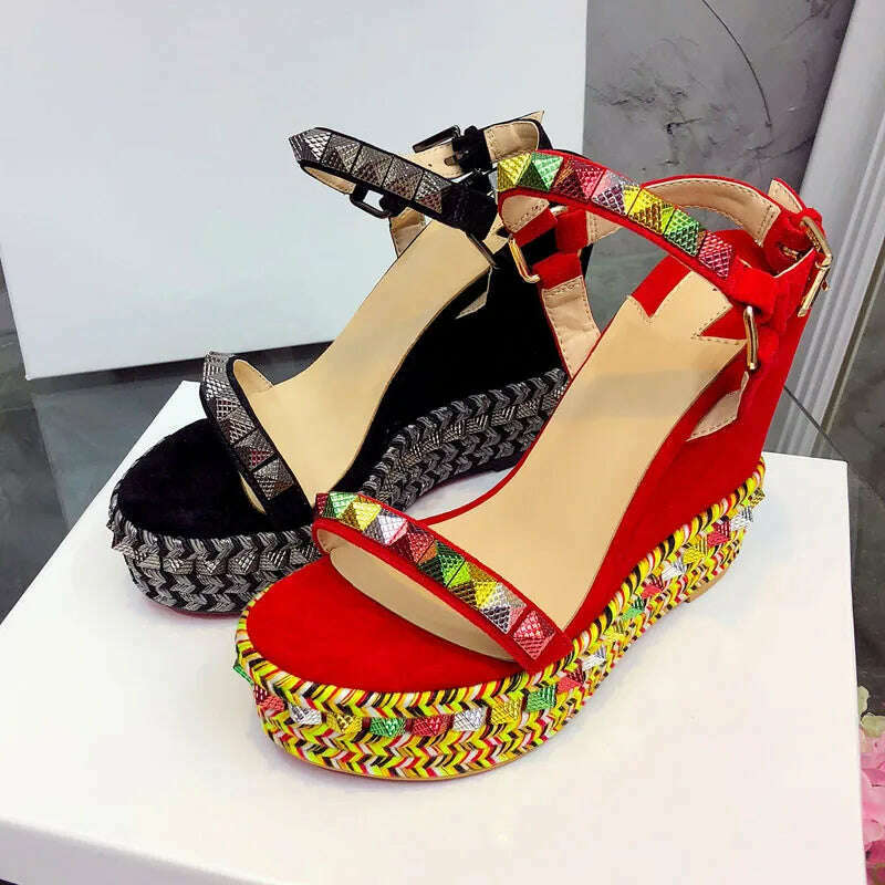 KIMLUD, New Designer Thick Platform Women High Heel Wedges Gladiator Sandals Women Wedge Heeled Rivet One Belt Sandalias Mujer, KIMLUD Womens Clothes