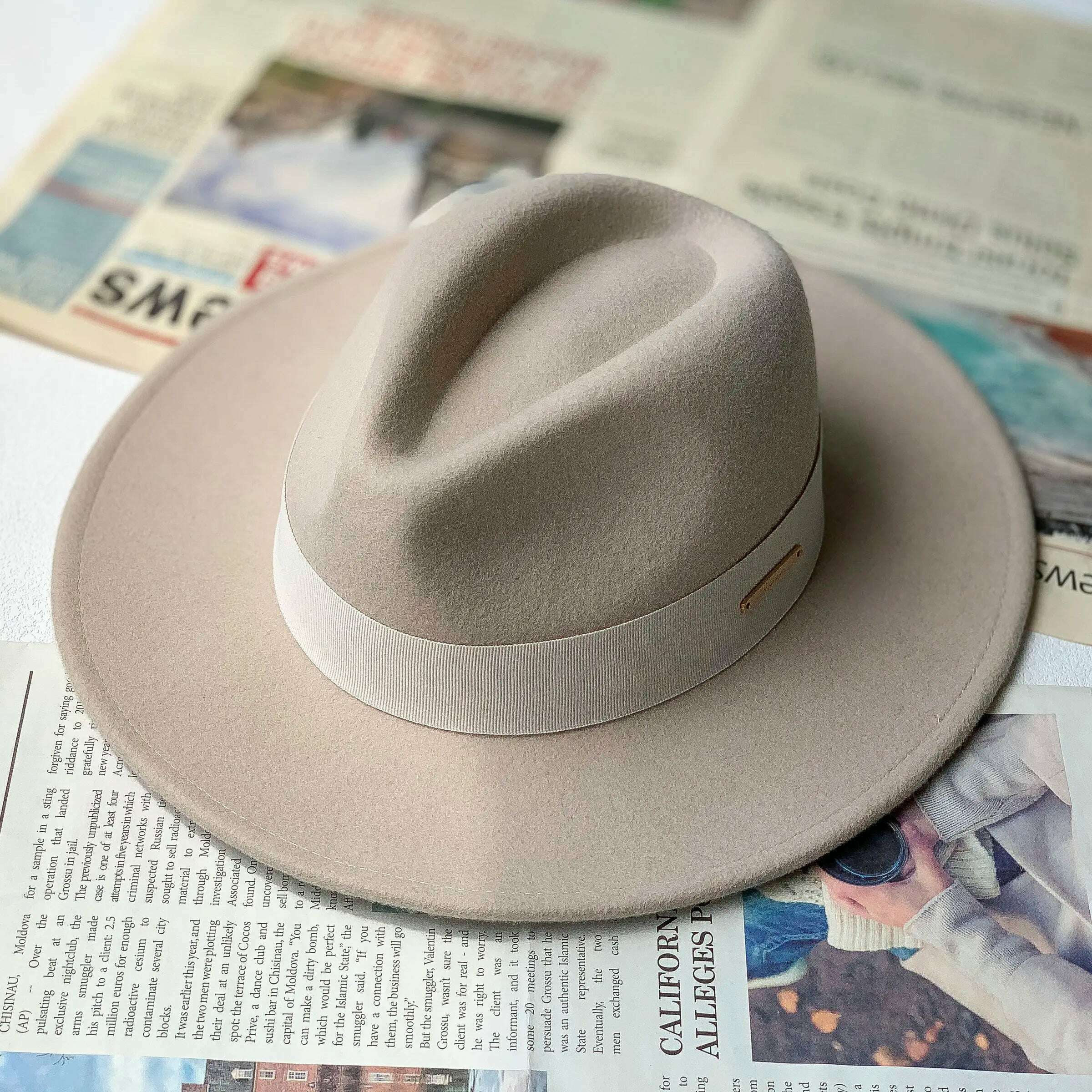 KIMLUD, New Fall Winter Flat Woollen Top Hat Unisex Wide Brimmed Hat Fashion Classic Diverse Styles Adjustable Hat Circumference Big Hat, Beige gray / M 54-57cm / China, KIMLUD Womens Clothes