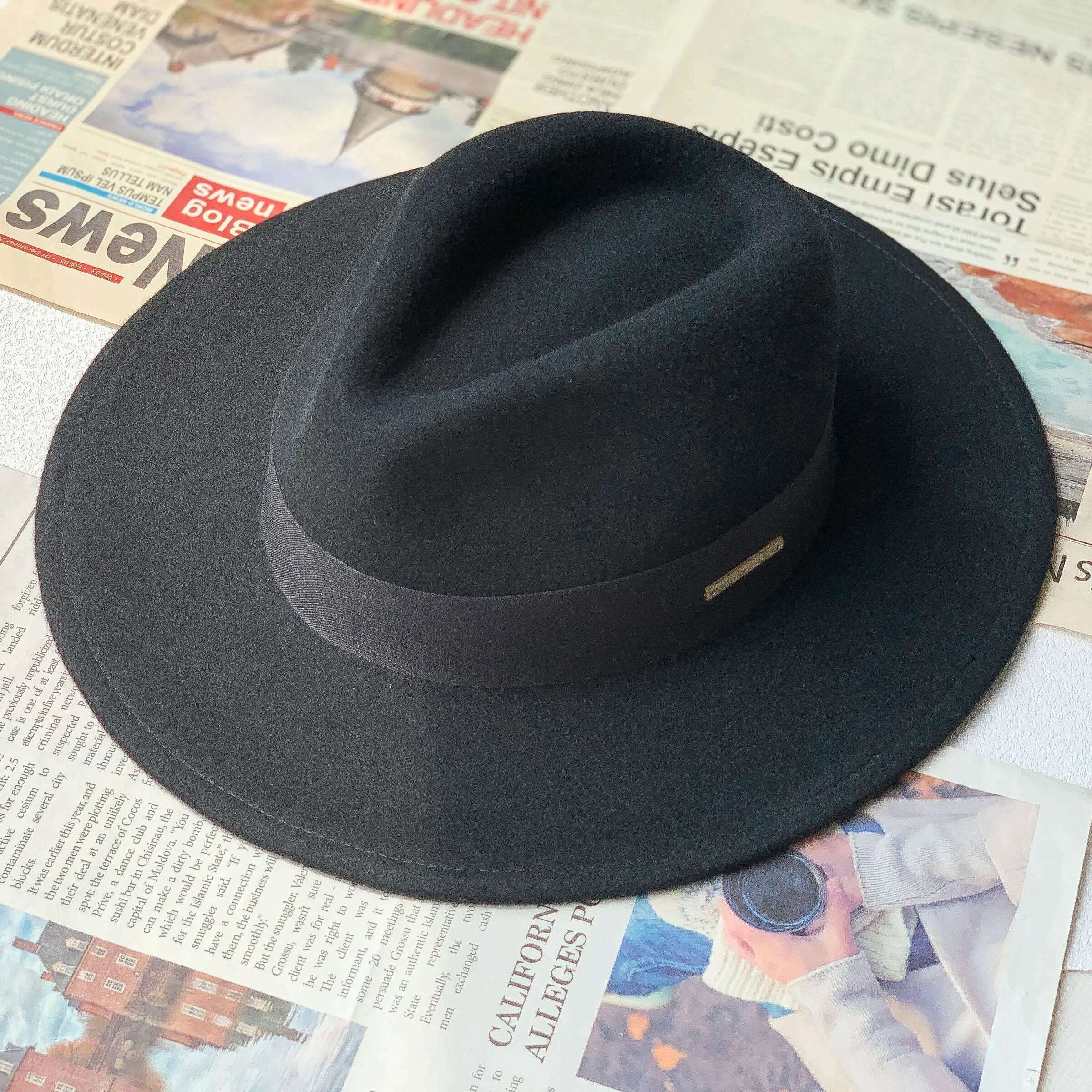 KIMLUD, New Fall Winter Flat Woollen Top Hat Unisex Wide Brimmed Hat Fashion Classic Diverse Styles Adjustable Hat Circumference Big Hat, black black belt / M 54-57cm / China, KIMLUD Womens Clothes