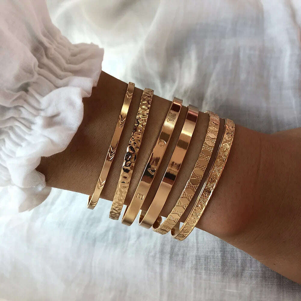 KIMLUD, New Fashion Boho Punk Golden Cuff Bracelets & Bangles For Women Love Pulseiras Bangle Set Feminina Jewelry Charm Gifts B051, KIMLUD Womens Clothes