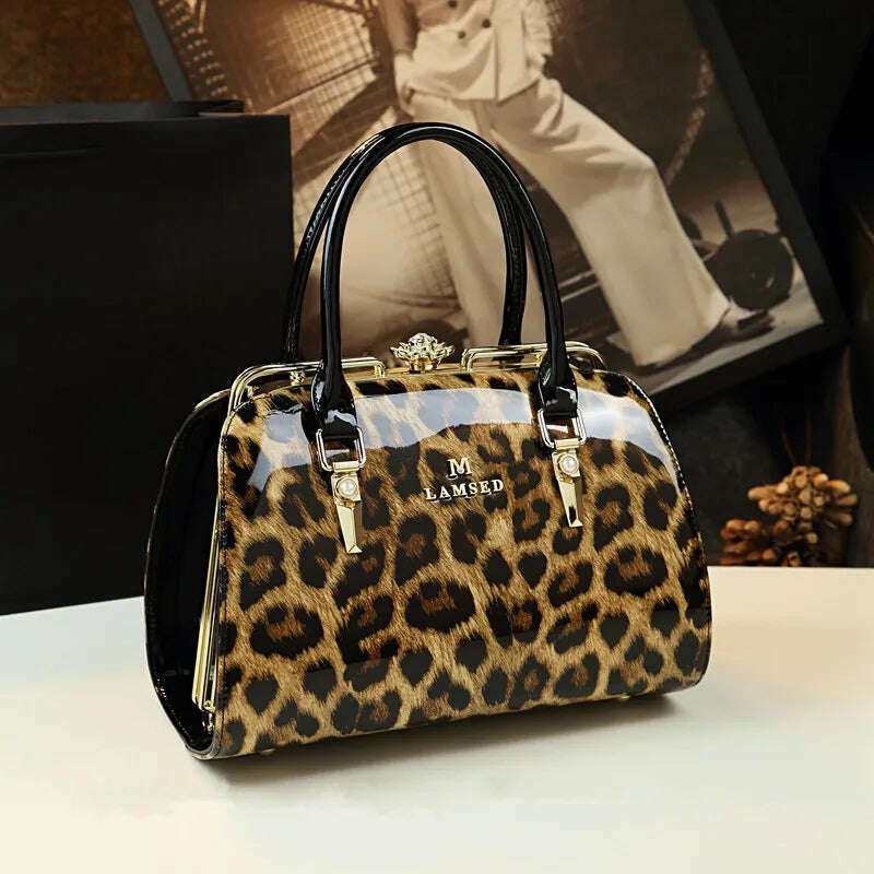 KIMLUD, New Fashion Diamond leopard Women Handbag cowhide leather ladies Portable party tote evening Bag female shoulder diagonal bags, KIMLUD Womens Clothes