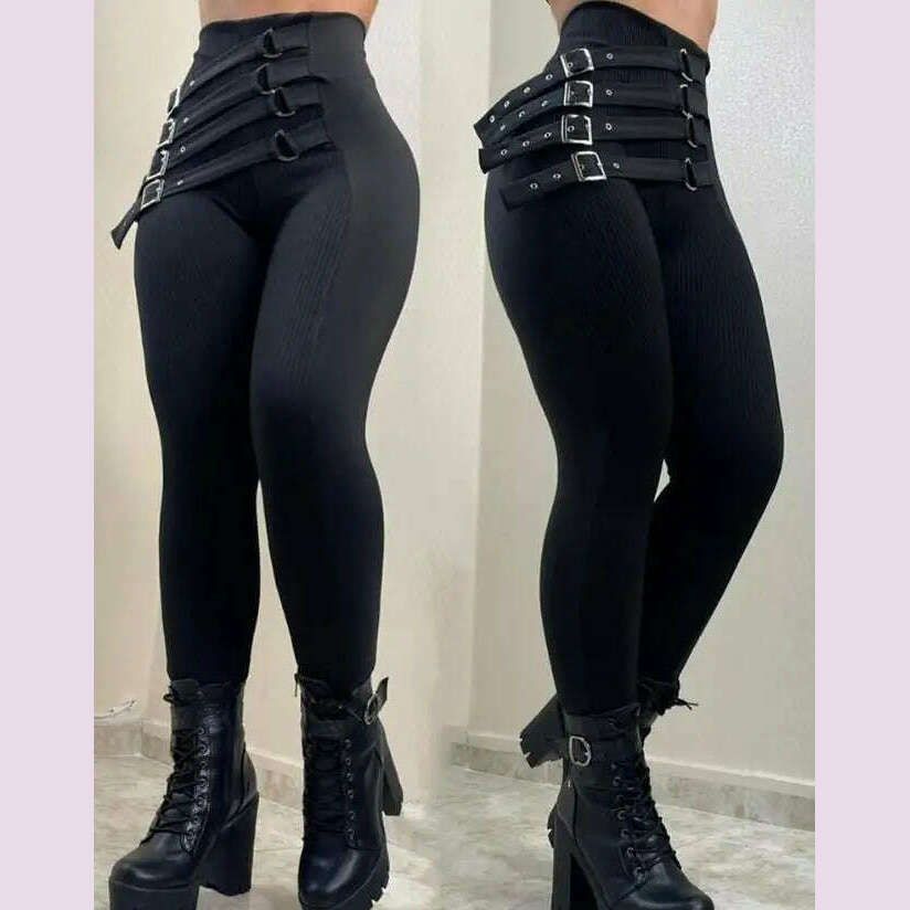 KIMLUD, New Fashion Elegant Women's High Waist Buckled Skinny Pants Casual Trouser Bottom Female Clothing Outfits for Women, KIMLUD Womens Clothes