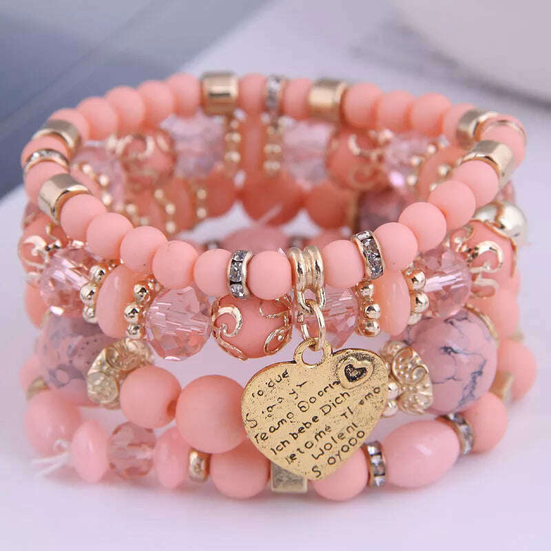 New Fashion Heart Charm Beaded Bracelets Set Women Multi colors Stone Boho Bracelet Resin Beads Bracelets For Women Bijoux - KIMLUD