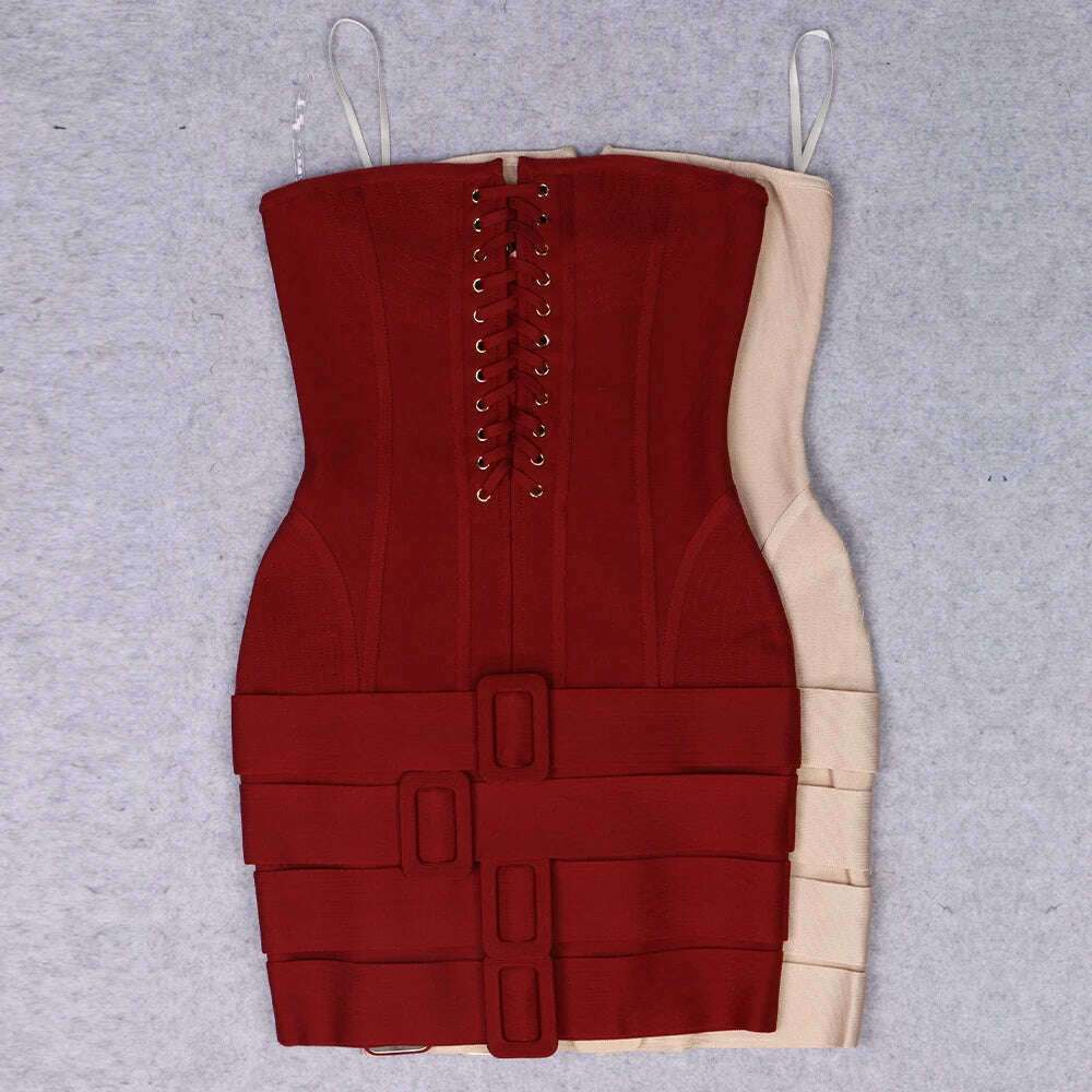 KIMLUD, New Fashion Khaki Color Women Sexy Strapless Laced-up Bodycon Mini Dress Rayon Bandage Nightclub Party Celebrate Dress Wholesale, Burgundy / XS, KIMLUD APPAREL - Womens Clothes
