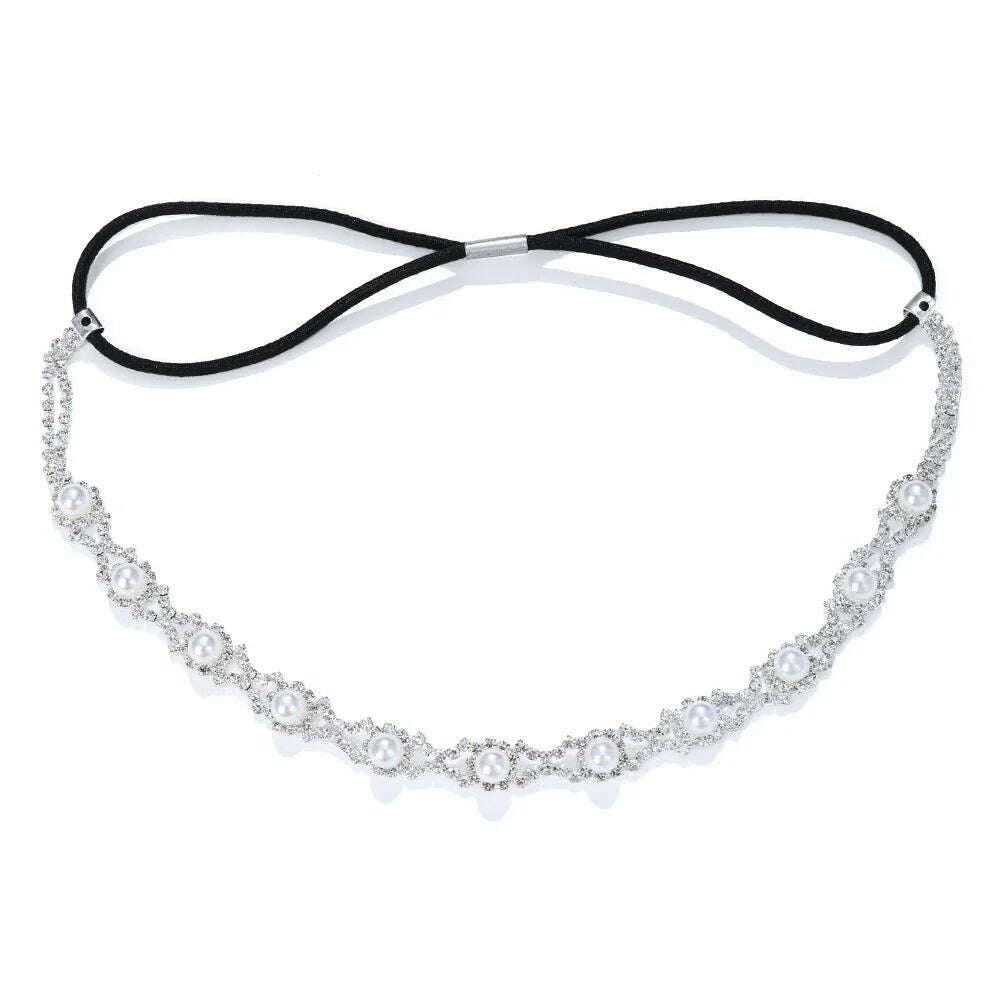 New Fashion Women Elastic Rhinestone Headband Women Wedding Bridal Hair Chain Pearl Crystal Hair Band Head Chain Accessories - KIMLUD