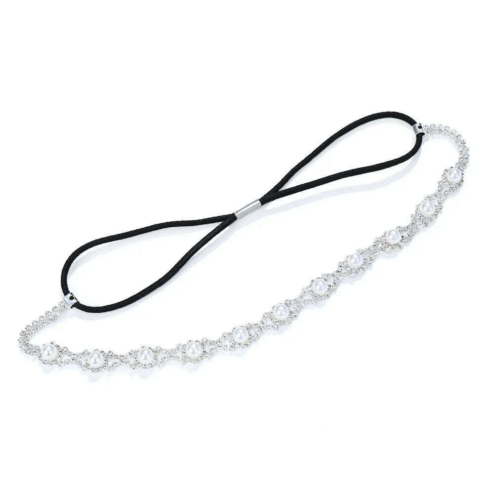 New Fashion Women Elastic Rhinestone Headband Women Wedding Bridal Hair Chain Pearl Crystal Hair Band Head Chain Accessories - KIMLUD