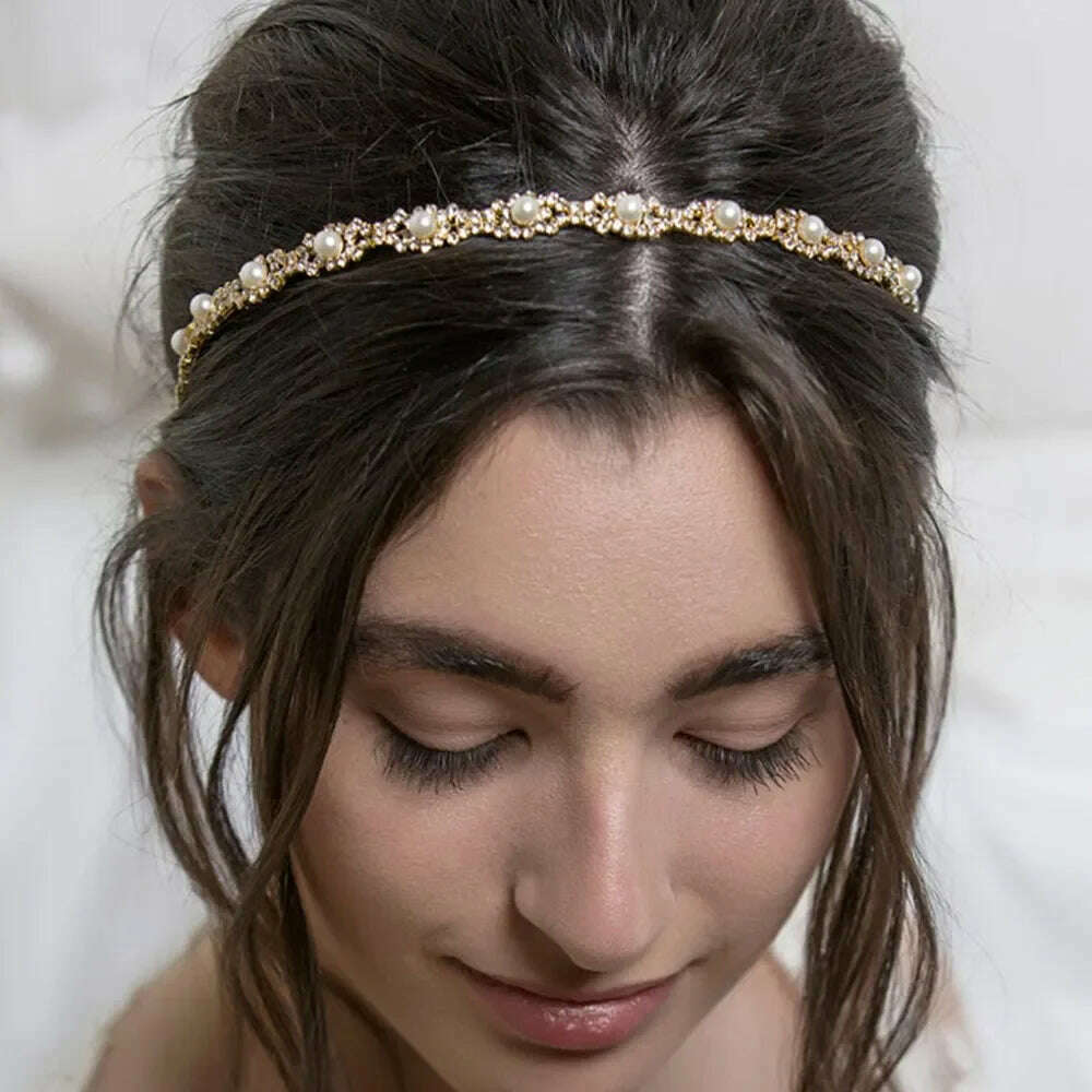 New Fashion Women Elastic Rhinestone Headband Women Wedding Bridal Hair Chain Pearl Crystal Hair Band Head Chain Accessories - KIMLUD