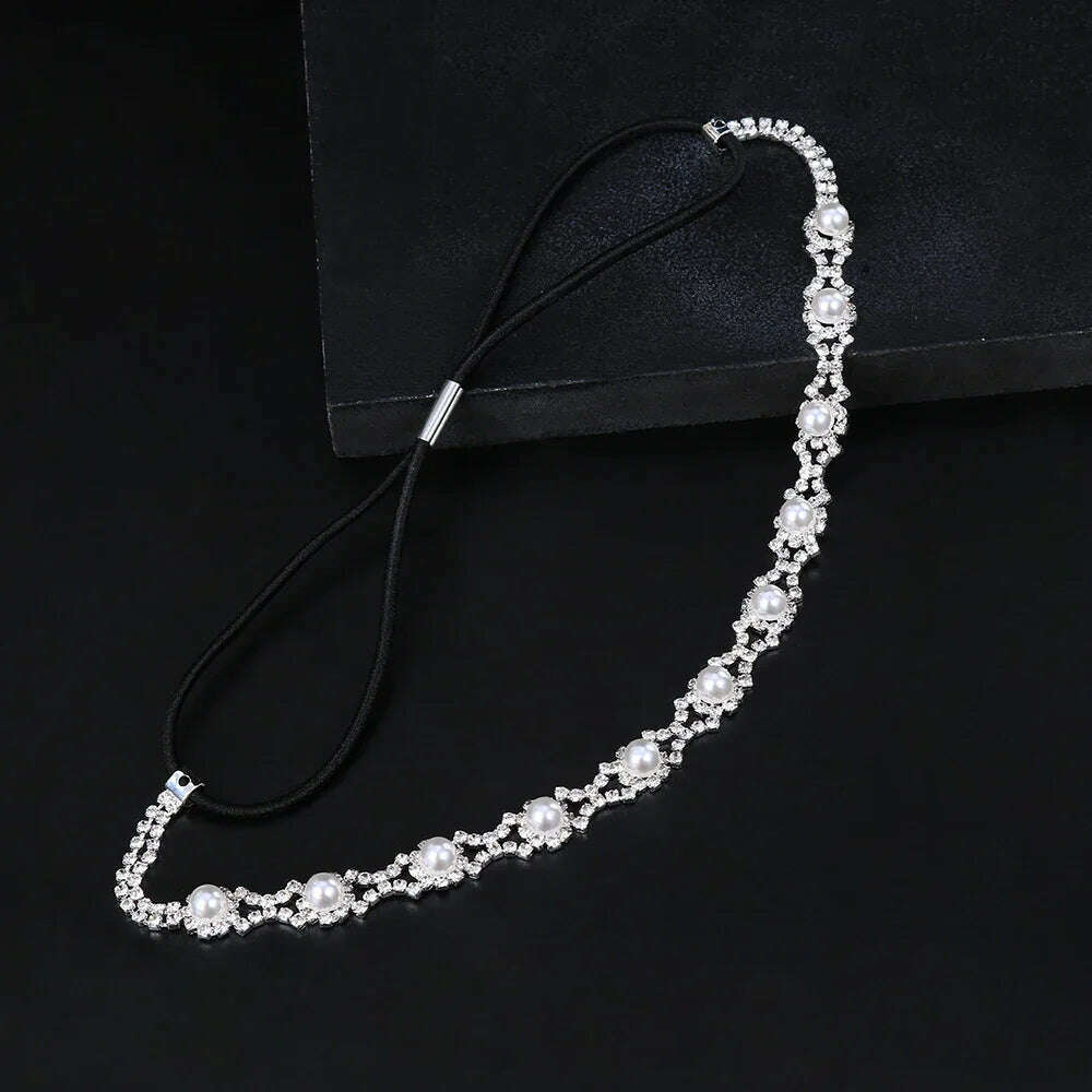 New Fashion Women Elastic Rhinestone Headband Women Wedding Bridal Hair Chain Pearl Crystal Hair Band Head Chain Accessories - KIMLUD