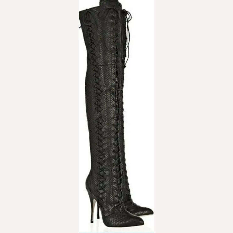 New Fashion Women Lace-up Suede Leather Over Knee Gladiator Boots Leopard Slim Tigh High Luxury High Heel Long Boots - KIMLUD
