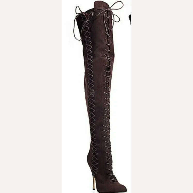 New Fashion Women Lace-up Suede Leather Over Knee Gladiator Boots Leopard Slim Tigh High Luxury High Heel Long Boots - KIMLUD