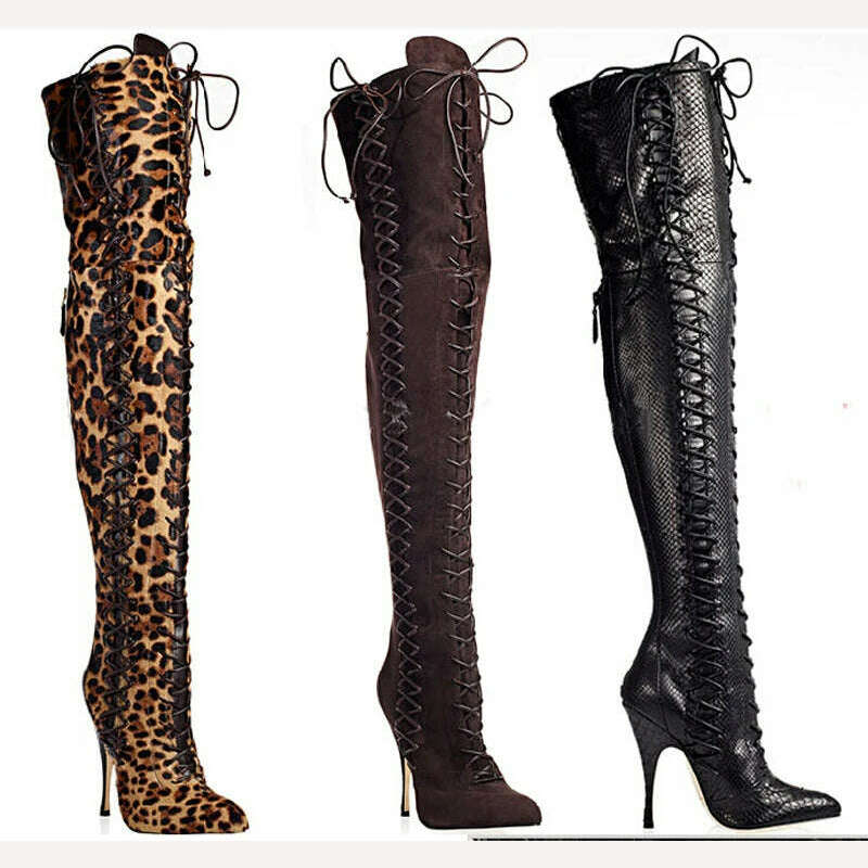 New Fashion Women Lace-up Suede Leather Over Knee Gladiator Boots Leopard Slim Tigh High Luxury High Heel Long Boots - KIMLUD