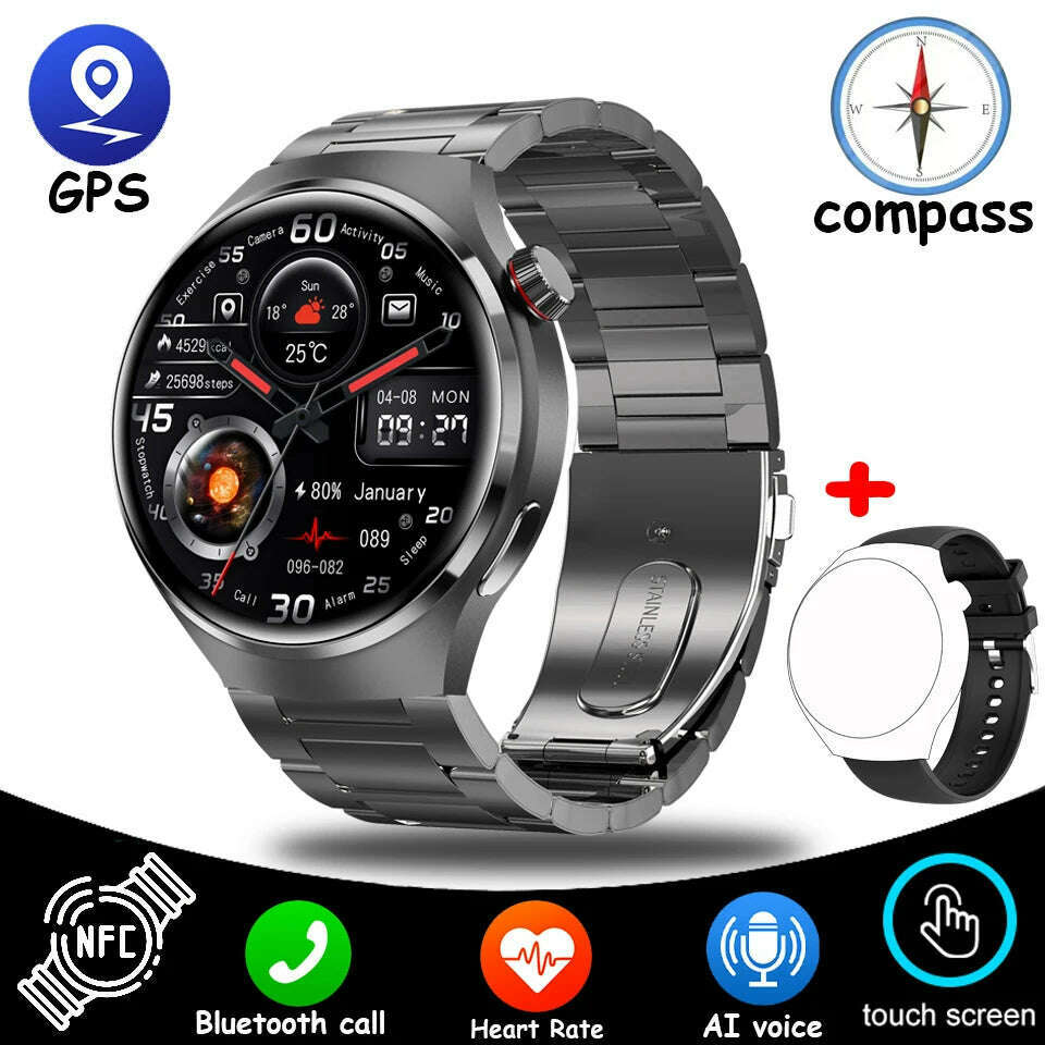 KIMLUD, NEW For HUAWEI GT4 Pro GPS NFC SmartWatch Men 454*454 AMOLED Screen Heart rate Bluetooth Call IP68 Waterproof Man Smartwatch2024, Black steel strip, KIMLUD APPAREL - Womens Clothes