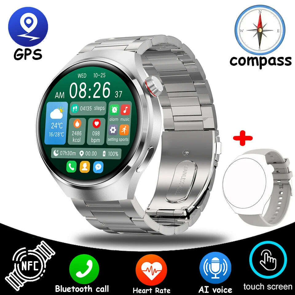 KIMLUD, NEW For HUAWEI GT4 Pro GPS NFC SmartWatch Men 454*454 AMOLED Screen Heart rate Bluetooth Call IP68 Waterproof Man Smartwatch2024, Silver steel strip, KIMLUD APPAREL - Womens Clothes