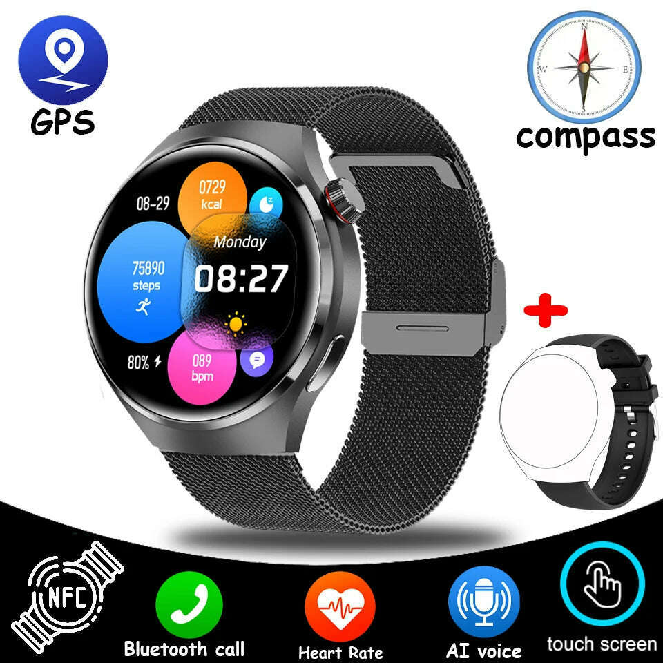 KIMLUD, NEW For HUAWEI GT4 Pro GPS NFC SmartWatch Men 454*454 AMOLED Screen Heart rate Bluetooth Call IP68 Waterproof Man Smartwatch2024, Black mesh belt, KIMLUD APPAREL - Womens Clothes
