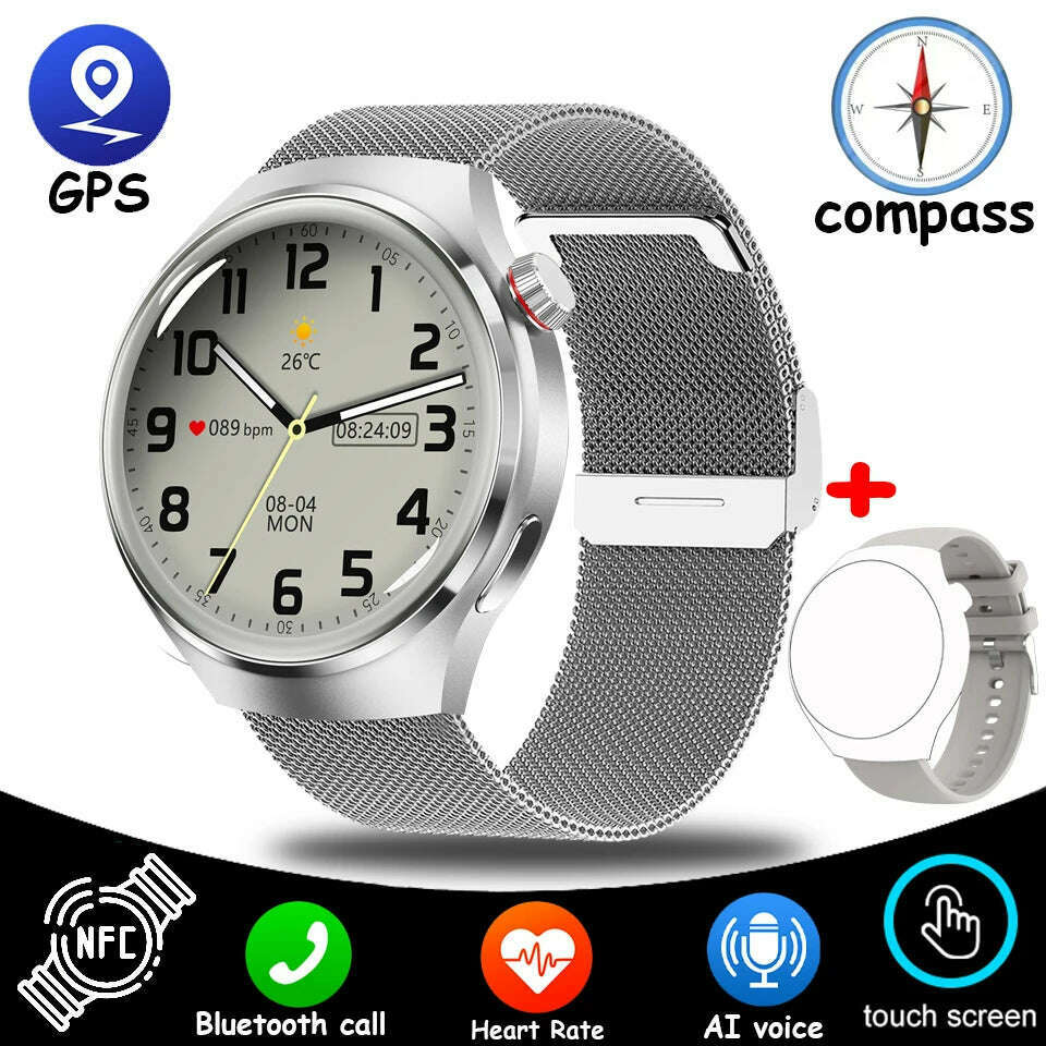 KIMLUD, NEW For HUAWEI GT4 Pro GPS NFC SmartWatch Men 454*454 AMOLED Screen Heart rate Bluetooth Call IP68 Waterproof Man Smartwatch2024, Silver mesh belt, KIMLUD APPAREL - Womens Clothes