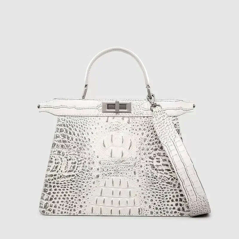 KIMLUD, New Genuine Leather Crocodile Pattern Handbag Counter Big Brand Organ Bag Women's Versatile One Shoulder Bag Trendy, White, KIMLUD APPAREL - Womens Clothes