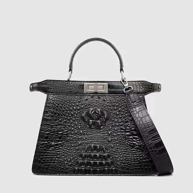 KIMLUD, New Genuine Leather Crocodile Pattern Handbag Counter Big Brand Organ Bag Women's Versatile One Shoulder Bag Trendy, Black, KIMLUD APPAREL - Womens Clothes
