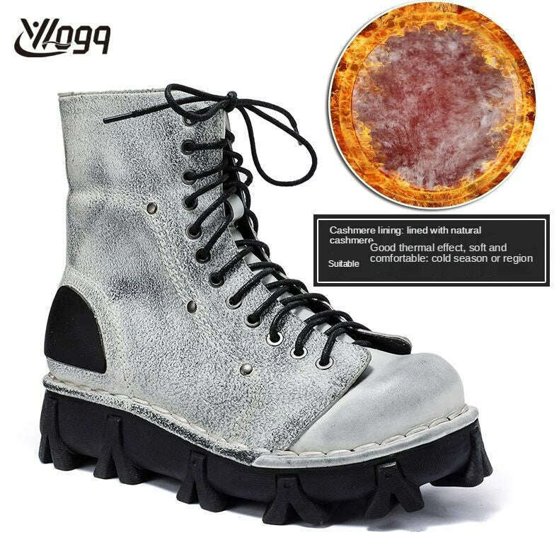 KIMLUD, New Genuine Leather Military Boots Men's Winter Cowboy Boots Mid-calf Boots Skull Gothic Punk Platform Motorcycle Boots Botas, 3319Gray Velvet / 37 / CHINA, KIMLUD APPAREL - Womens Clothes