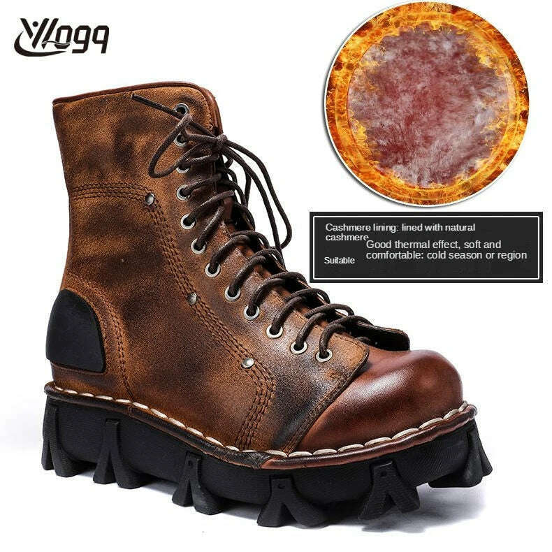 KIMLUD, New Genuine Leather Military Boots Men's Winter Cowboy Boots Mid-calf Boots Skull Gothic Punk Platform Motorcycle Boots Botas, 3319Brown Velvet / 37 / CHINA, KIMLUD APPAREL - Womens Clothes