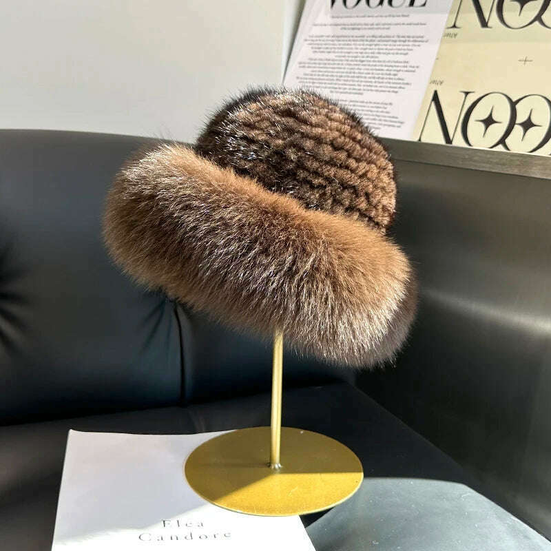 KIMLUD, New Genuine Real Natural Mink Fur Hat Cap Luxury Women Handmade Knitted Fashion Winter Headwear Warm Real Fox Fur Beanies, KIMLUD Womens Clothes