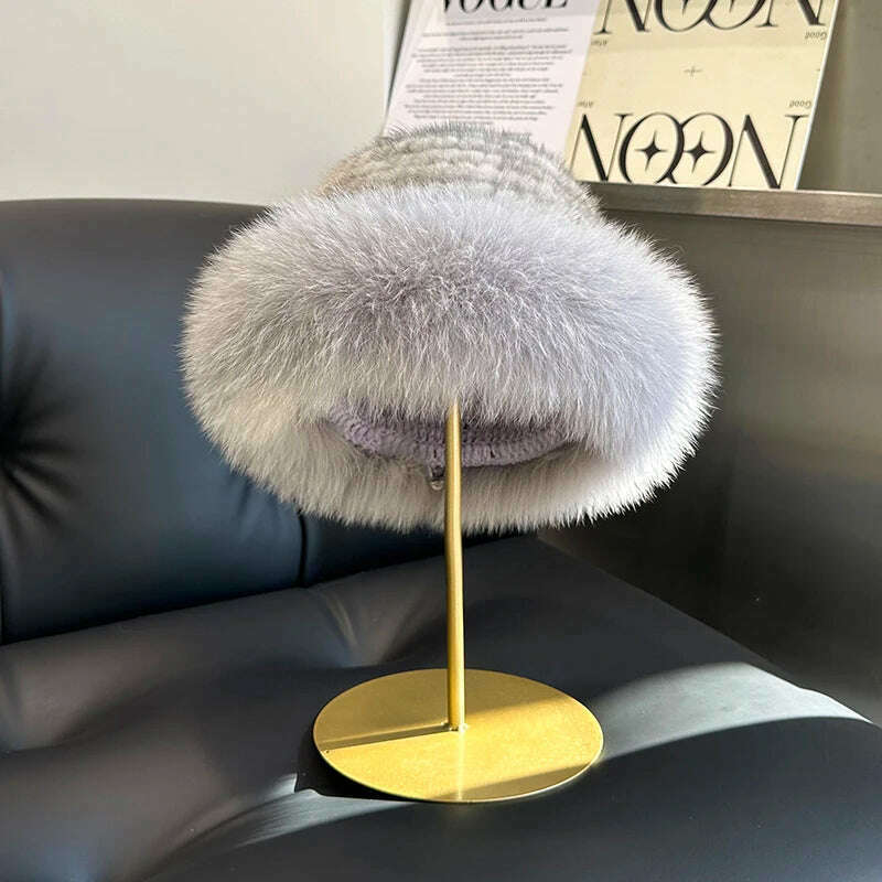 KIMLUD, New Genuine Real Natural Mink Fur Hat Cap Luxury Women Handmade Knitted Fashion Winter Headwear Warm Real Fox Fur Beanies, KIMLUD Womens Clothes