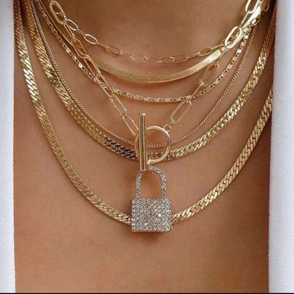 KIMLUD, New Gold-plate Lock Snake Chain Necklaces For Women Multilevel Female Luxury Crystal T-shaped Buckle Pendant Necklace Jewelry, KIMLUD Womens Clothes